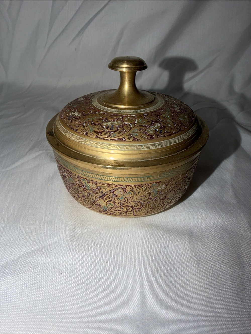 Vintage Ornate Etched Brass Lidded Ginger Jar - Hand Painted Floral Enamel